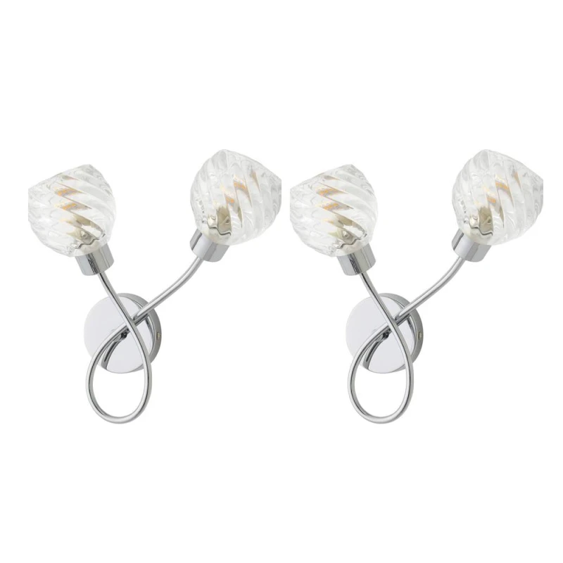 Image of ValueLights Reyka Pair of Chrome 2 Way Swirl Glass Wall Lights with Bulbs in Metallic Silver Metallic Silver Unisex