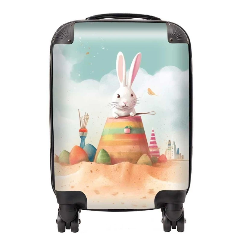 Image of Warren Reed - Designer White Rabbit On A Beach Holiday Suitcase in Yellow Size: Small Yellow Unisex Small
