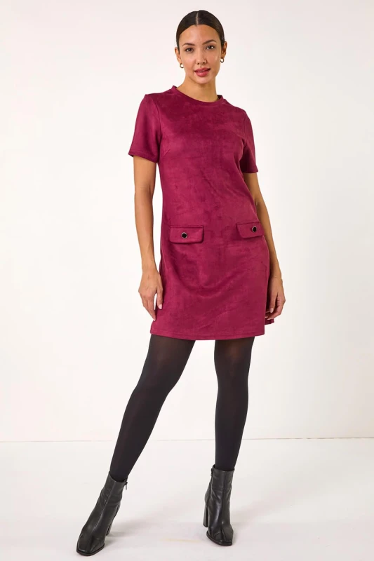 Image of Roman Womens Faux Suede Button Shift Stretch Dress in Wine Size: 20 Wine Female 20