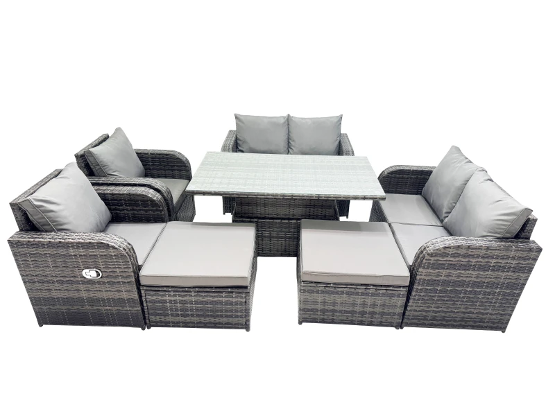 Image of Fimous 8-seater Rattan Garden Furniture Dining Set with 2 Big Footstool in Dark Grey Dark Grey Unisex