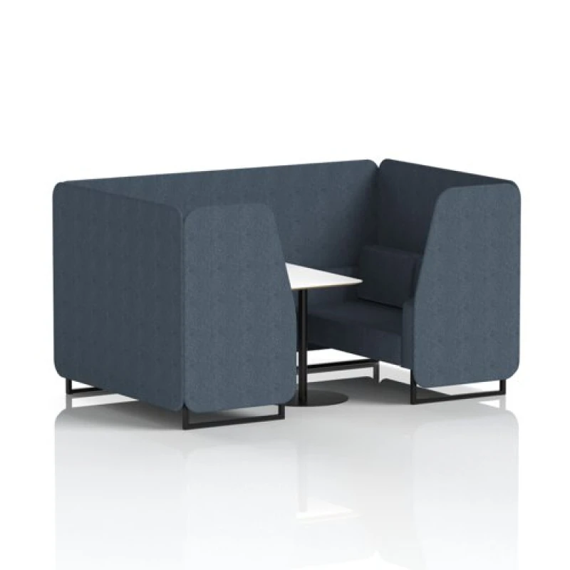 Image of Brixworth 4 Seater Office Booth with Front Panel - Black Legs and White Table with Black Leg in Rivet Fabric - Crucible Panels and Sofa