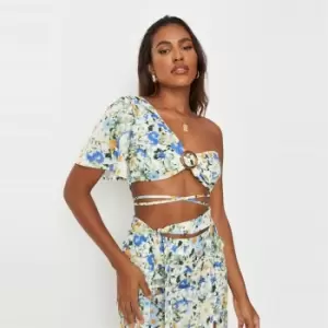 image of Missguided Tie Waist Floral One Shoulder Top - Multi