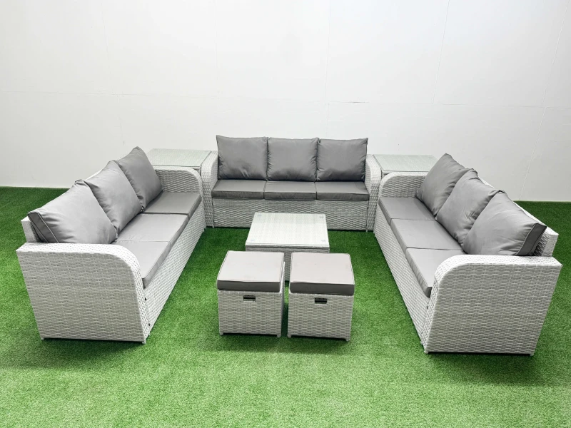 Image of Fimous PE Rattan Lounge Sofa Set 11 Seater Outdoor Garden Furniture Set with Square Coffee Table 3 Seater Sofa 2 Stools 2 Side Table Light Grey Light