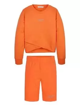 Image of Calvin Klein Jeans Girls Stack Logo Overlap Short Set - Vibrant Orange, Size Age: 10 Years, Women