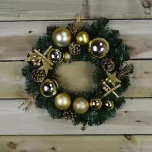 image of 40cm Christmas Decoration Wreath with Stars, Pine cones and Gold Baubles