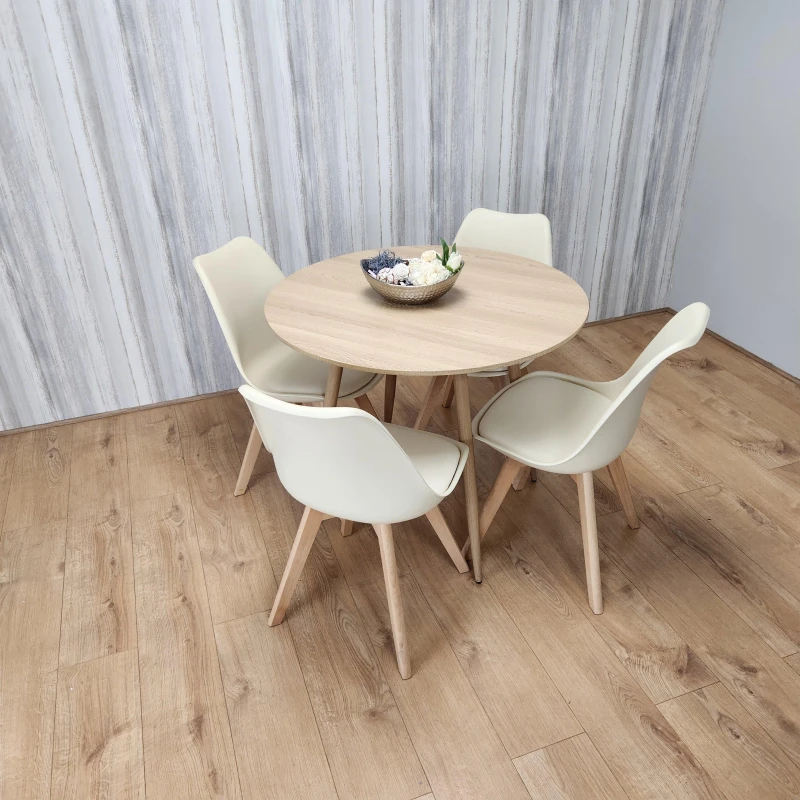 Image of KOSY KOALA Round Oak Effect Kitchen Dining Table With 4 Cream Tulip Chairs Table Set Multi