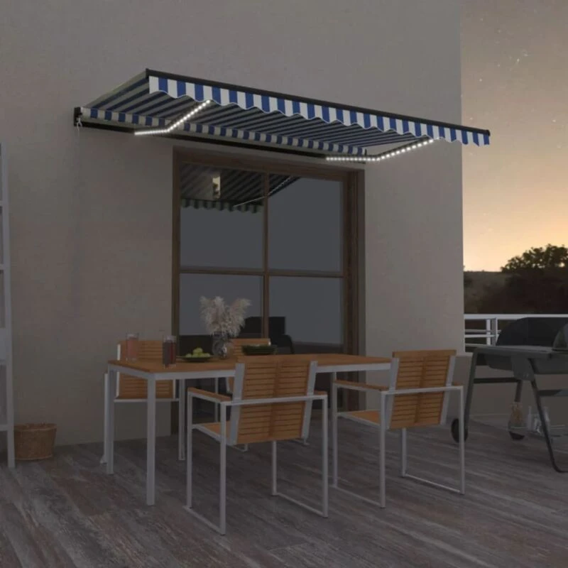 Image of VIDAXL Manual Retractable Awning with LED 400x350cm Blue and White Vidaxl 8720286395059