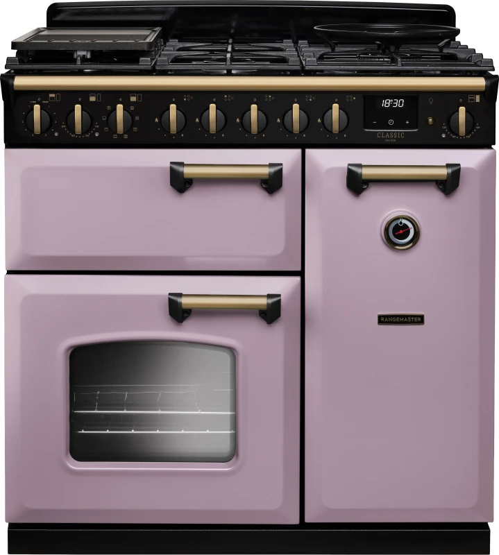 Image of Rangemaster Classic Deluxe 90 CLDL90DFPHTH/AB1 90cm wide Dual Fuel Range Cooker with Gas Hob - Heather / Chrome - A Rated