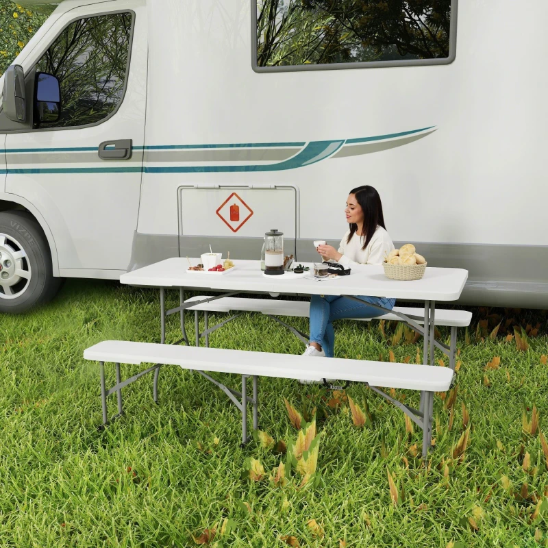 Image of Outsunny 3 Piece Folding Picnic Table and Bench Set with Handles, White White