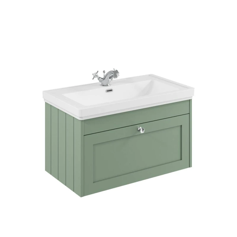 Image of Balterley 800mm Wall Hung 1 Drawer Unit & Classic Basin 1 Tap Hole - Satin Green Green Unisex