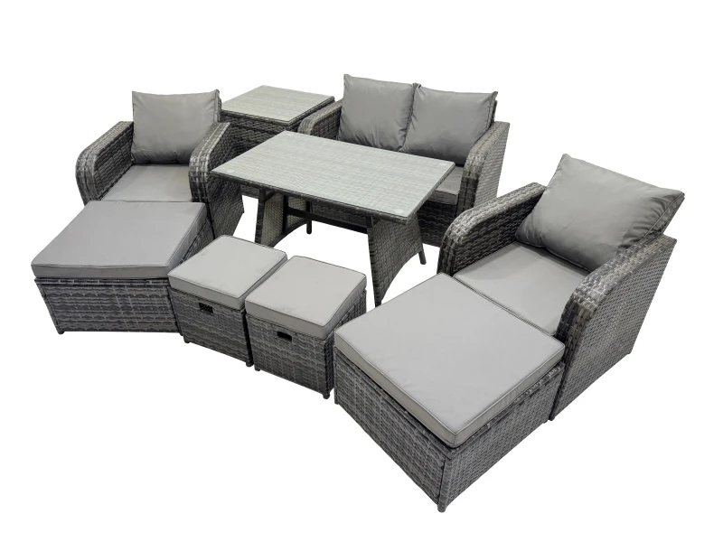 Image of Fimous 8 Seater Rattan Sofa Oblong Dining Table with 2 Big Stool Side Table in Dark Grey Dark Grey Unisex