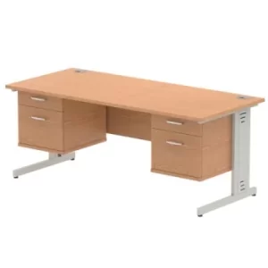 image of Impulse 1800 Rectangle Silver Cable Managed Leg Desk OAK 2 x 2 Drawer Fixed Ped