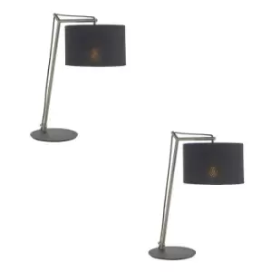 Image of 2 PACK Nickel Plated Angular Table Lamp - Black Base & Cotton Shade - Desk Light