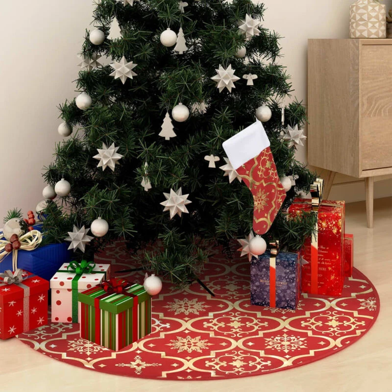 Image of VIDAXL Luxury Christmas Tree Skirt with Sock Red 122cm Fabric Vidaxl 8720286445853