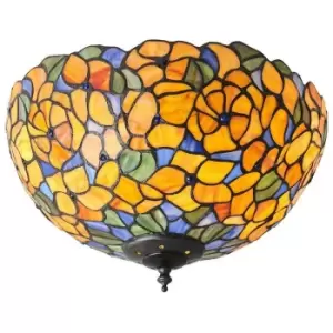 image of Tiffany Glass Semi Flush Ceiling Light Yellow Flower Round Inverted Shade i00052