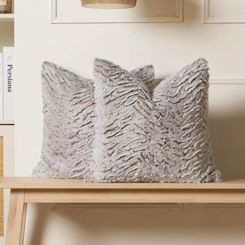 Image of OHS OHS 2 Pack Two Tone Faux Fur Soft Fleece Cushion Covers - 45 x 45cm in Natural Size: 45cm x 45cm Natural 45cm x 45cm Unisex 5027434191680