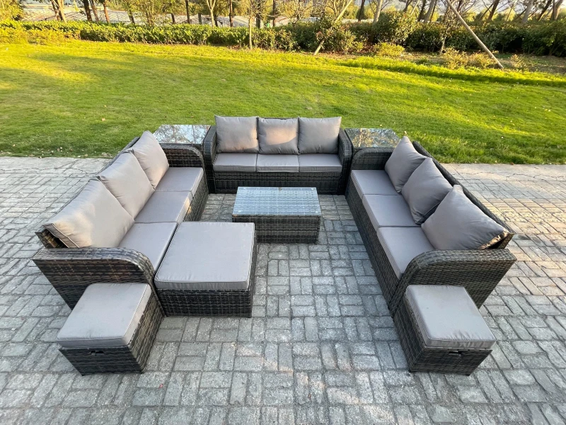 Image of Fimous Rattan Lounge Sofa Set 12 Seater Outdoor Garden Furniture Set with Rectangular Coffee Table 3 Seater Sofa 2 Side Tables 3 Footstools Dark Grey