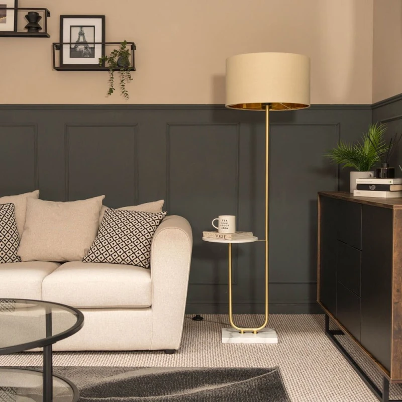 Image of ValueLights Tavel Brushed Gold Marble Base Floor Lamp With Table And Large Beige/Gold Shade Gold