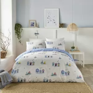 image of Fusion - Beach Huts Beach Print Easy Care Reversible Duvet Cover Set, Blue, Double