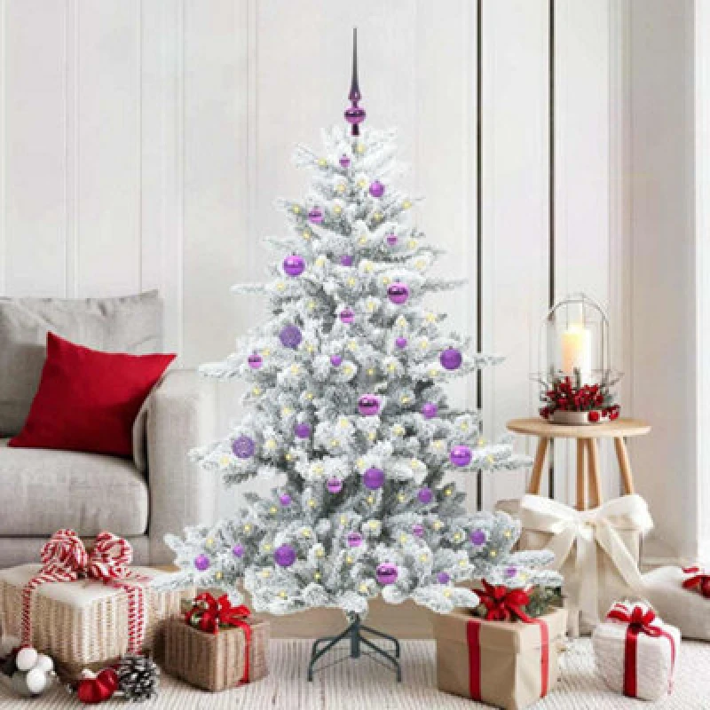 Image of vidaXL Artificial Hinged Christmas Tree with 150 LEDs, Lilac Balls Snow Flocked 150cm PVC, Green 3397711