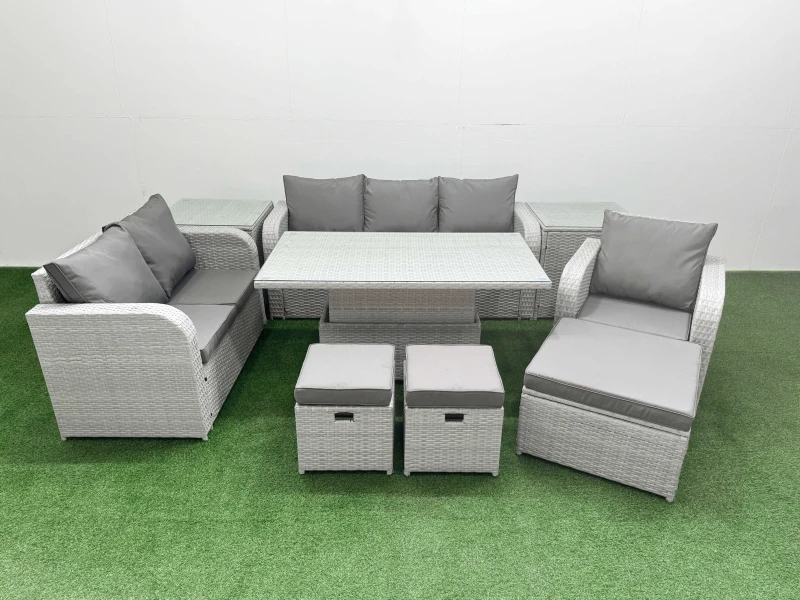 Image of Fimous Patio PE Wicker 9 Seater Outdoor Rattan Furniture Sofa Sets with Adjustable Lifting Dining or Coffee TableStool 2 Side Table Light Grey