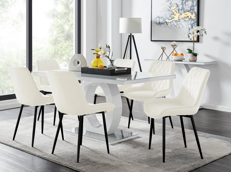 Image of FurnitureboxUK FurnitureboxUK Giovani 6-Seater Grey Glass Dining Table and 6 Pesaro Soft Velvet Dining Chairs in Cream Cream One Size Unisex 505654266