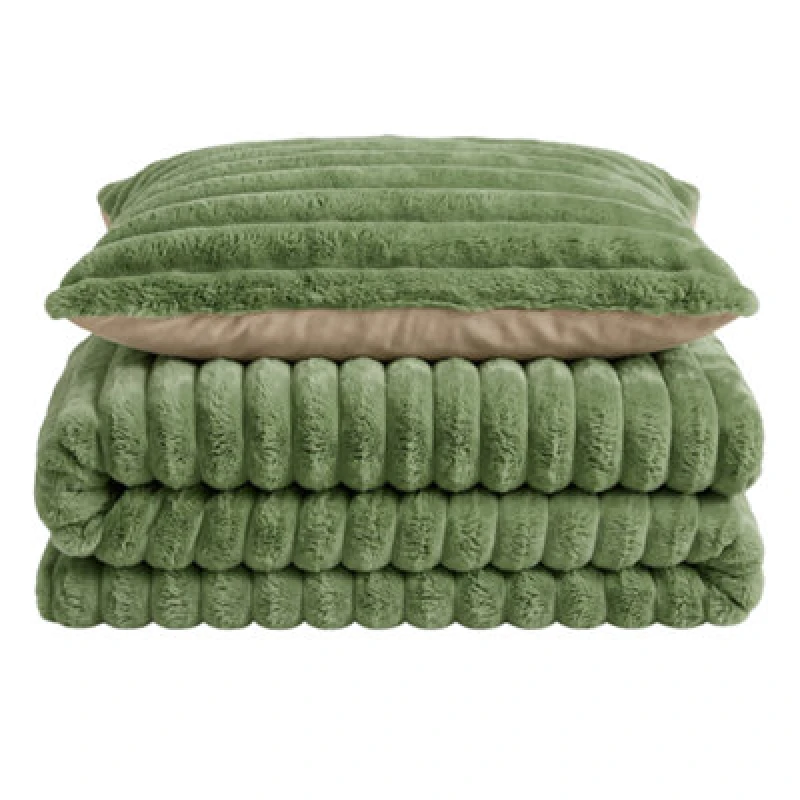 Image of Velosso Olive Jumbo Cord Faux Rabbit Fur Duvet Cover And Pillowcase Set Double