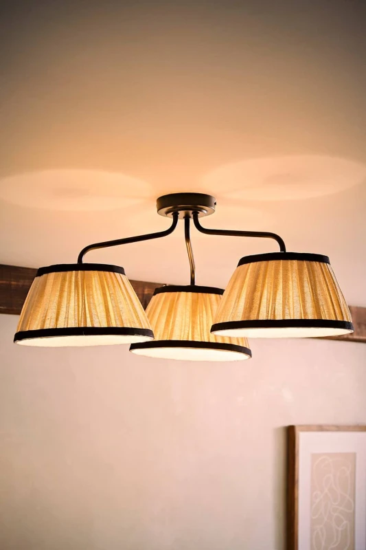 Image of ValueLights Clara Black 3 Arm Ceiling Light with Pleated Shades & Bulbs Black Unisex