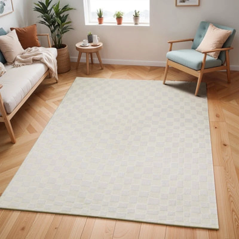 Image of Livabliss Scandi Modern High Pile Off-White Checkered Irina Area Rug 200 X 275cm - Easy Care, Ideal For Living Room & Bedroom