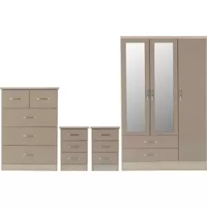 image of Seconique - Nevada 3 Door 2 Drawer Mirrored Wardrobe Set Oyster Gloss 2 Man Del