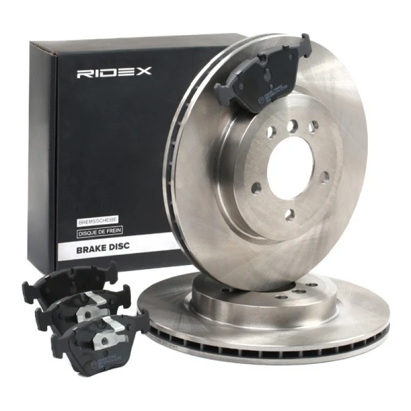 Image of RIDEX 3405B0936 Brake disc and pads set Front Axle, Brake Disc Type: internally vented, prepared for wear warning indicator Brake Set,disc brakes (34