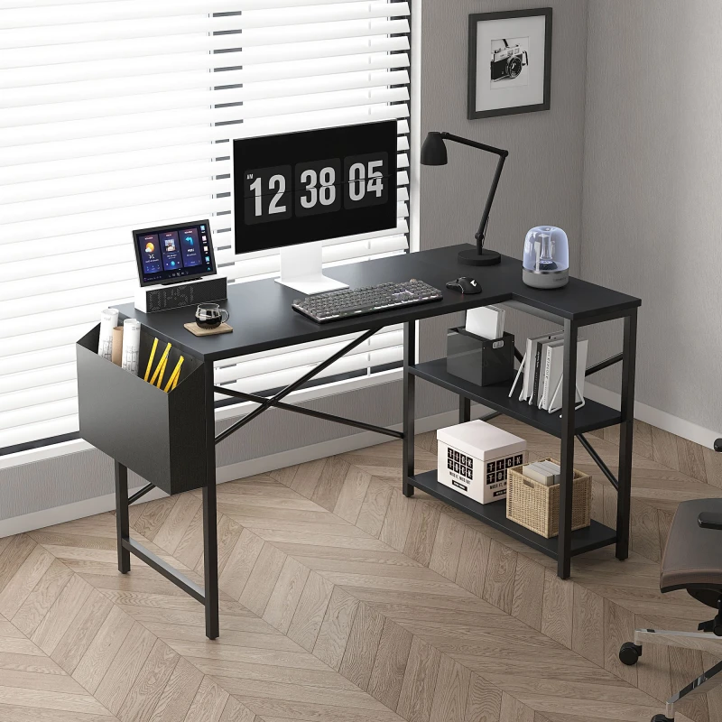 Image of MCC DIRECT L Shaped Corner Desk with Bookshelf Reversible Corner Desk For Home Office Study 120CM Black - Mcc Direct CD1104