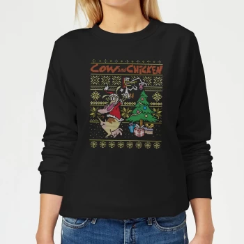 Image of Cow and Chicken Cow And Chicken Pattern Womens Christmas Sweatshirt - Black - L