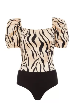 image of Quiz Stone Zebra Print Puff Sleeve Bodysuit - 6 - natural