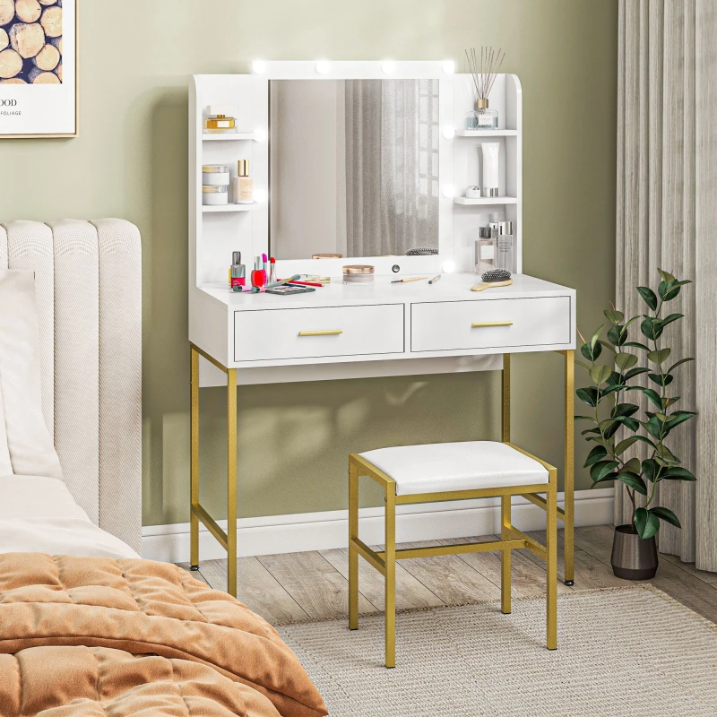 Image of HOMCOM Makeup Vanity Desk Set with Lighted Mirror, Stool, Drawers, White White unisex