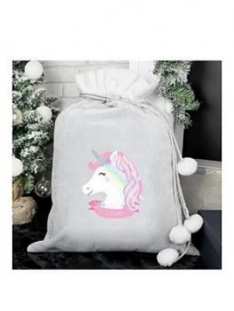 image of Personalised Unicorn Grey Christmas Sack