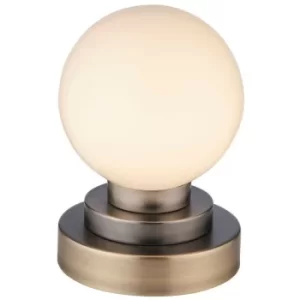 image of Merano Siena Table Lamp Matt Antique Brass, Pewter Plate And Gloss Opal Glass