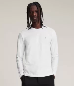 Image of AllSaints Mens Cotton Regular Fit Slim Brace Tonic Long Sleeve Crew T-Shirt, White, Size: XS