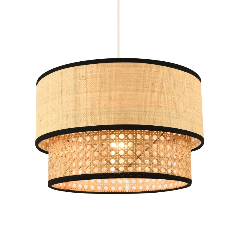 Image of Happy Homewares Modern Double Tier Real Natural Rattan Pendant Shade with Black Trims in Brown Brown Unisex