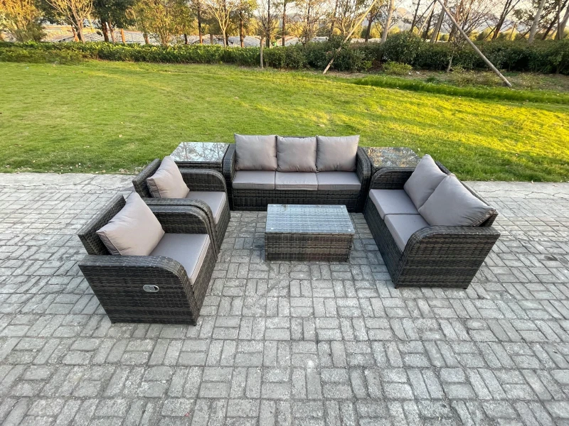 Image of Fimous 7 Seater Rattan Wicker Garden Furniture Patio Conservatory Sofa Set with Rectangular Coffee Table 3 Seater Sofa Love Sofa 2 Side Tables Dark Gr