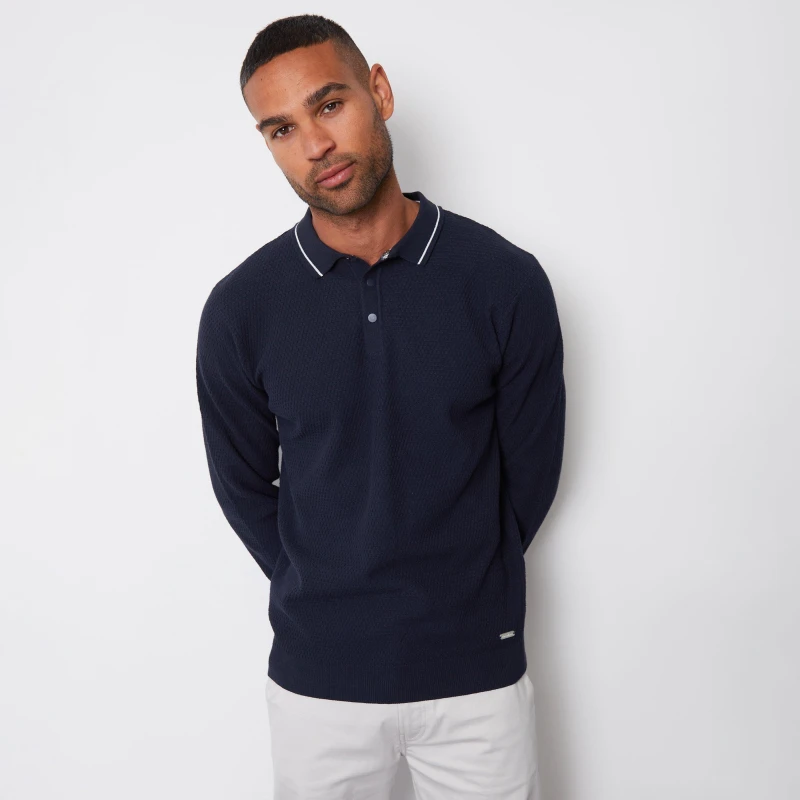 Image of Threadbare 'Moseley' Textured Knitted Long Sleeve Polo Jumper Navy