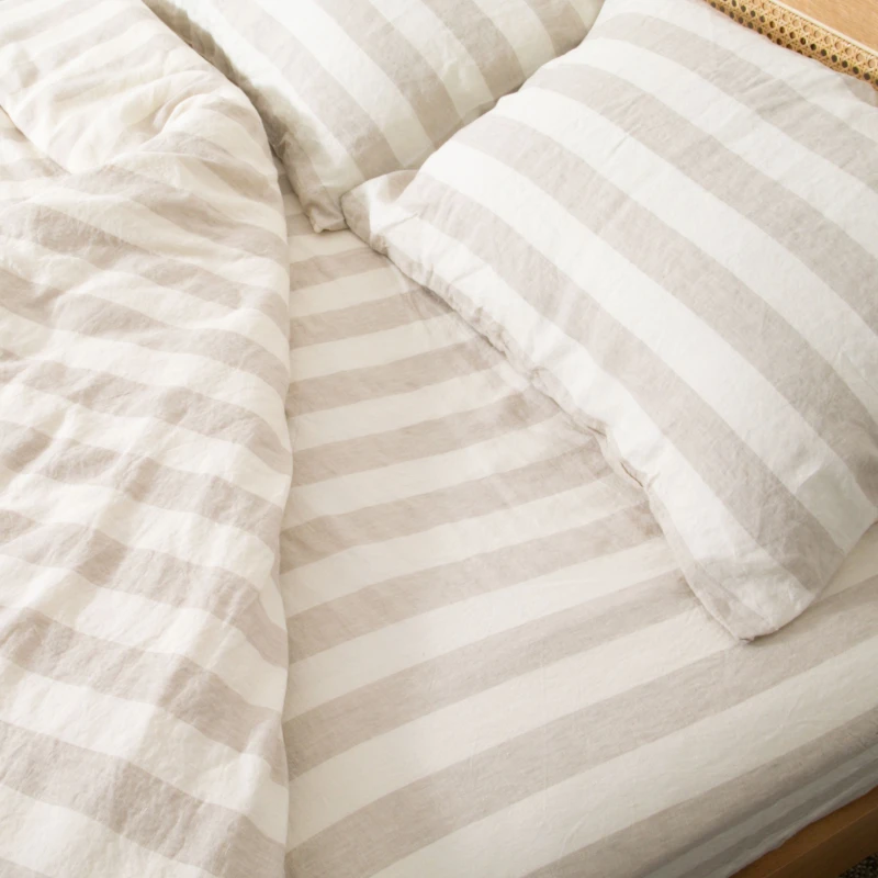 Image of Native Natural Natural Stripes Super King 100% Linen Fitted Sheet (180x200cm) in Off-White Size: Super King Fitted Off-White Unisex Super King Fitte