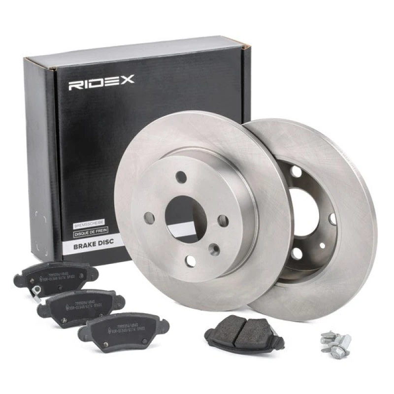 Image of RIDEX 3405B0081 Brake disc and pads set Rear Axle, Brake Disc Type: Solid, with brake pads Brake Set,disc brakes (3405)