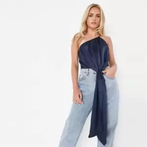 image of Missguided One Shoulder Tie Satin Top - Blue