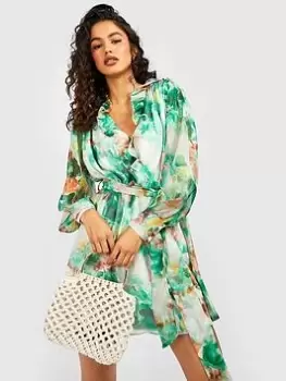 Image of Boohoo Frill Detail Belted Skater Dress - Green, Size 10, Women
