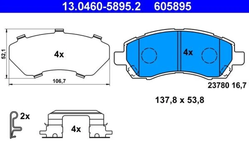 Image of ATE 13.0460-5895.2 Brake pad set with acoustic wear warning, with accessories, with anti-squeak plate Brake Pad Set,disc brake (402)