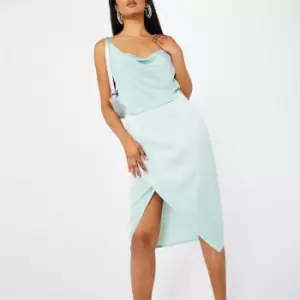 image of Missguided Petite Asymmetric Cowl Neck Satin Midi Dress - Green