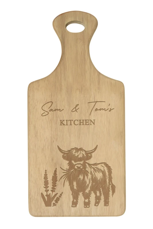 Image of Personalised Memento Company Personalised Highland Cow Paddle Chopping Board Light Brown