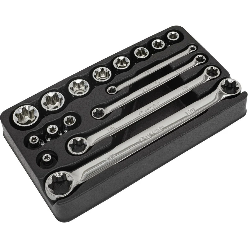 Image of Loops 16 PACK TRX Star Socket & Spanner Set - 3/8" Square Drive Chrome Vanadium Steel Metallics