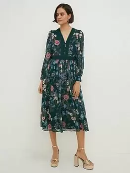 Image of Oasis Chiffon Lace V-Neck Midi Dress - Green, Size 10, Women